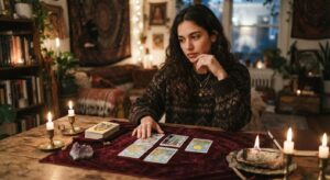 אישה צעירה יושבת מול קלפי טארוט פרוסים על שולחן עץ ומחפשת תשובה לשאלה האם הוא חושב עליה
