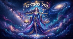 איור קוסמי של מזל מאזניים בדמות אישה קוסמית המחזיקה מאזניים על רקע גלקסיה וכוכבים.